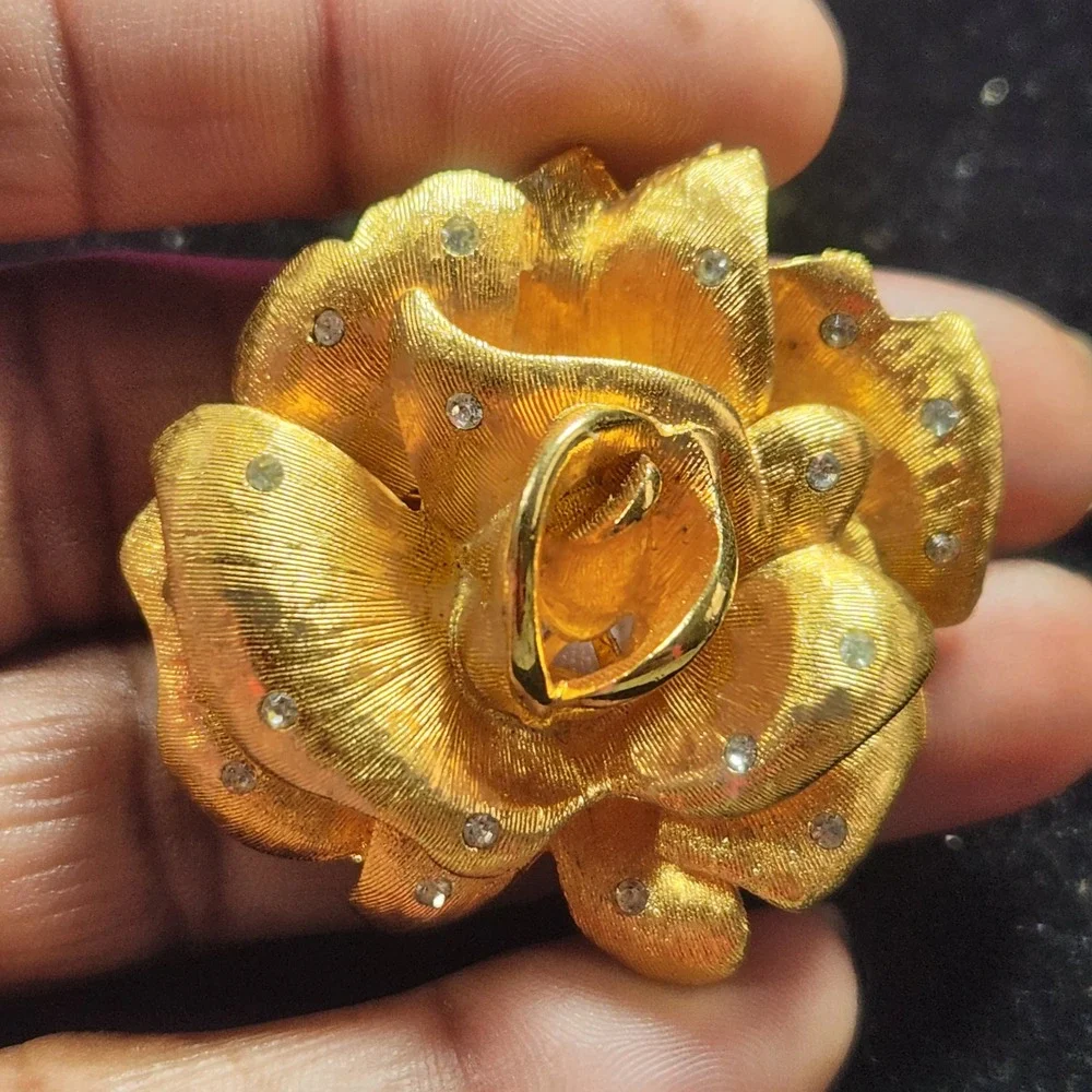 Vintage Gold Tone Textured Rose Brooch Rhinestone Floral Pin 1.75 Inch